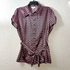 Dress Barn Pink Black Print button up Front tie Short Sleeve Casual Blouse L